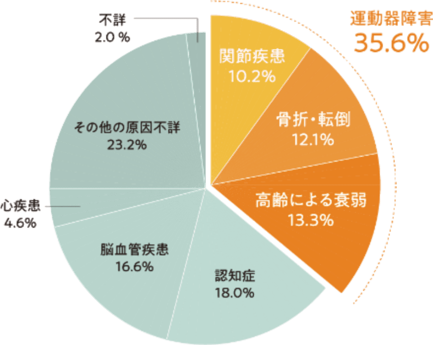 介護が必要になった主な原因の35%以上が、関節疾患、骨折・転倒、高齢による衰弱など、ロコモに関係しています。