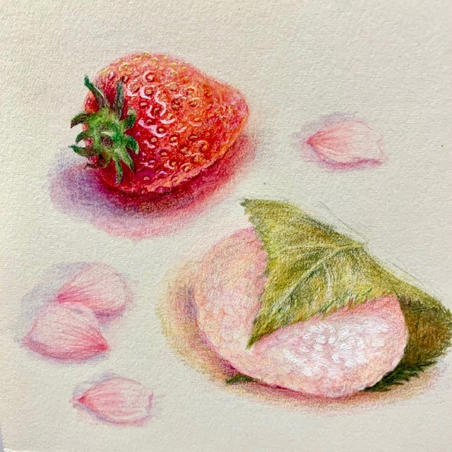 水彩色鉛筆で描いた桜餅といちご クレールレジデンス横浜十日市場便り